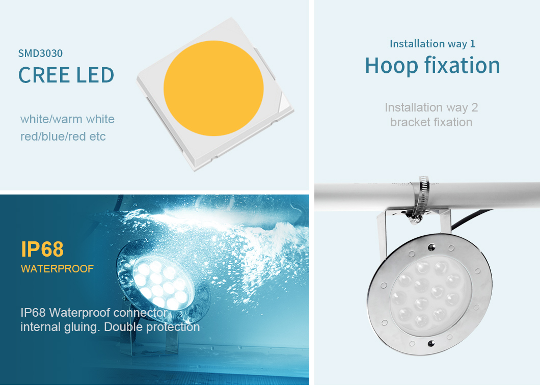 3000K Tempered Glass Cover Underwater Pond Light 9W ERP CREE