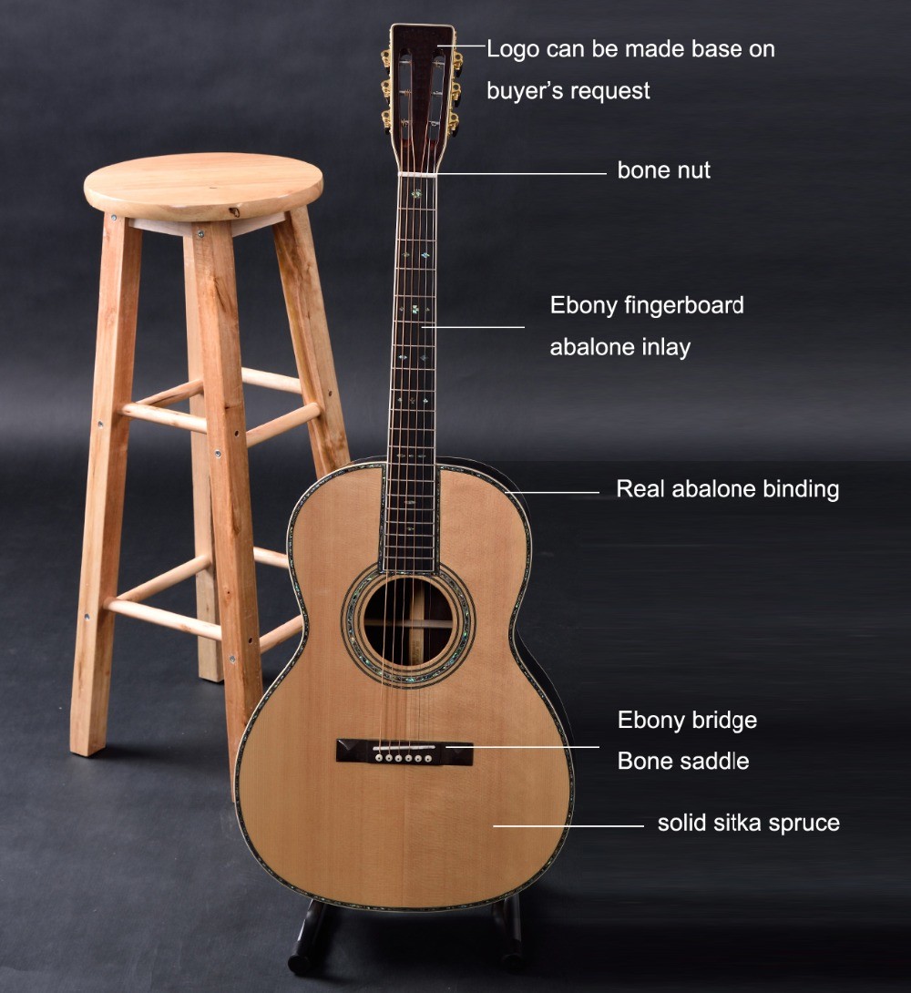 OEM custom guitar, OOO42 body shape, Acoustic Guitar,solid Spruce top, real abalone binding and ebony fingerboard