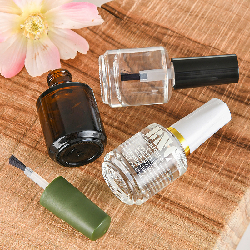 2025 Empty 8ml 15ml Brown Glass Round Nail Polish Bottles With Cap and Fan Brush for Nail Art Hot Stamping Graphic Design