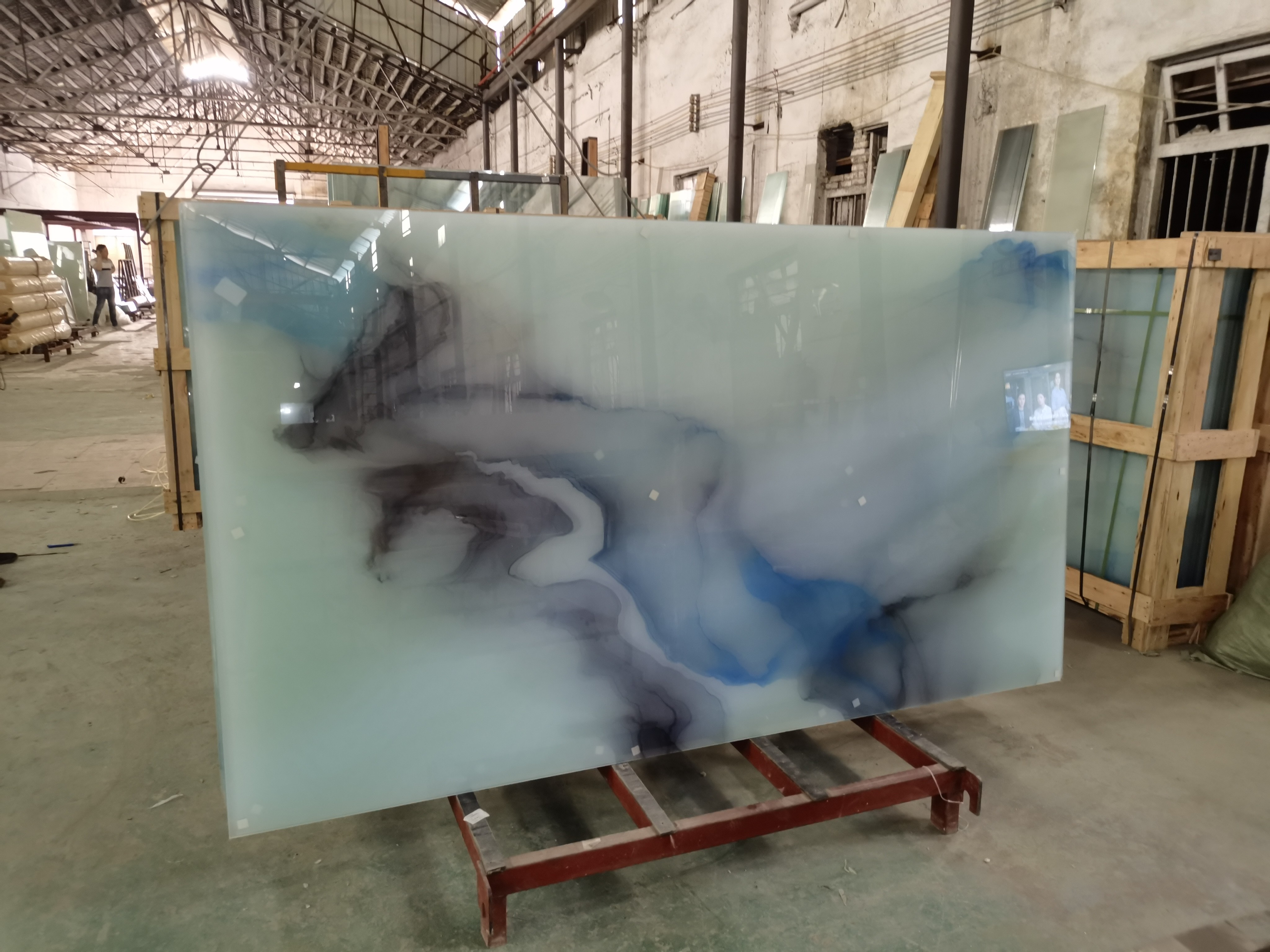 Custom Tempered Laminated Art Glass Marbing Grain Landscape Painting