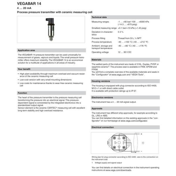VEGABAR 14 BAR14.X1SA1GV1 4 … 20 mA Process pressure transmitter with ceramic measuring cell