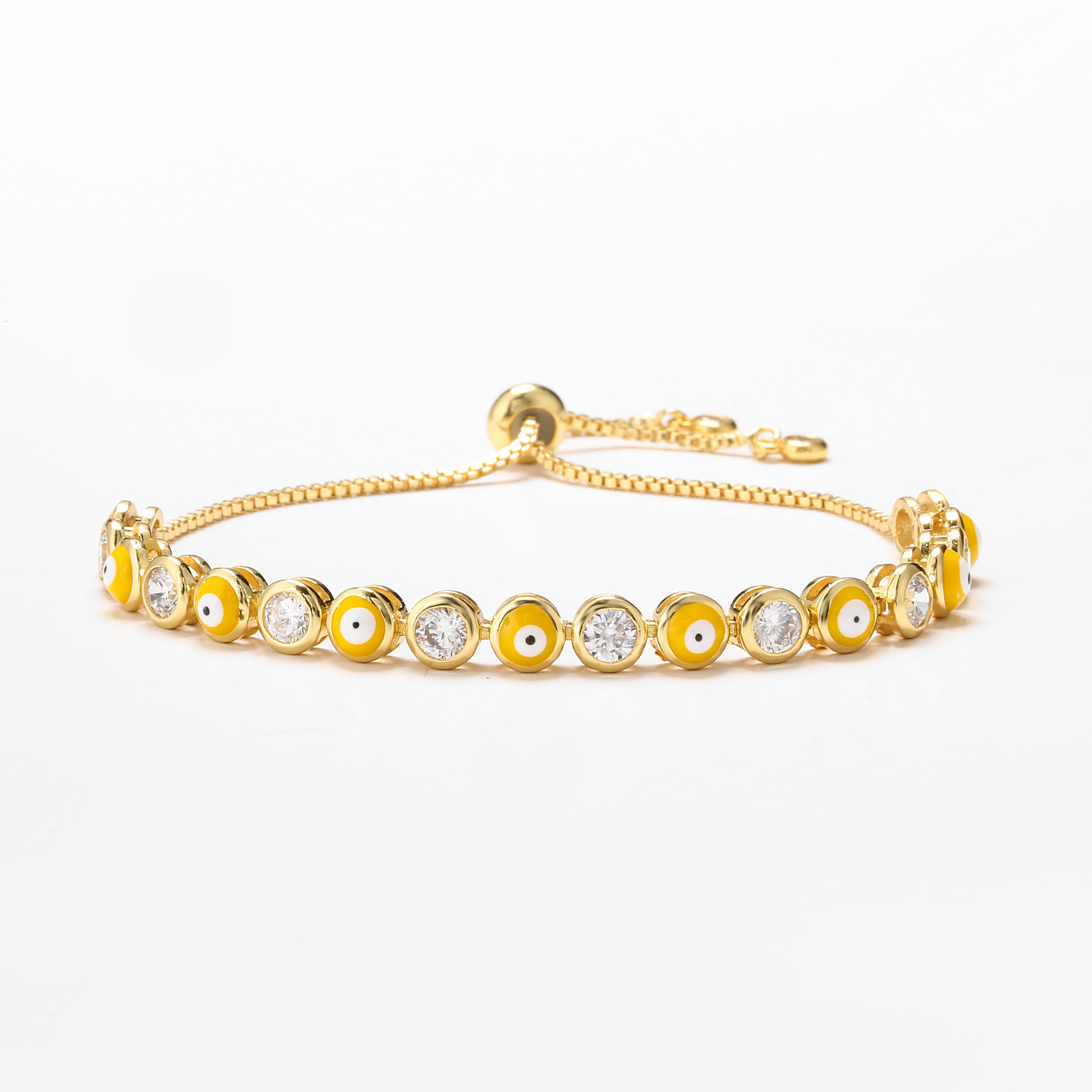 Women Girls 24k Gold Bracelet Drop Oil Evil Eyes Zricon Link Chain Bangle Bracelet