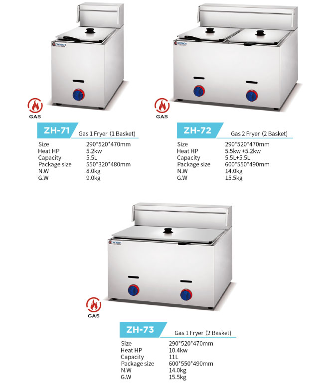 5.2kw Stainless Steel  Cooking Equipment Double Basket Gas Deep Fryer 1 Tank Snack Machine