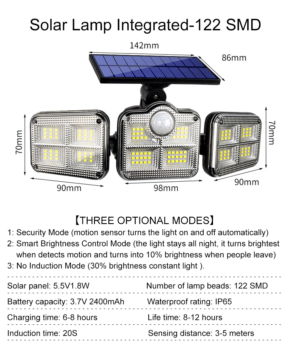6500K 1.8W Outdoor LED Solar Lamp 270 Wide Angle 3.7V 2400mah