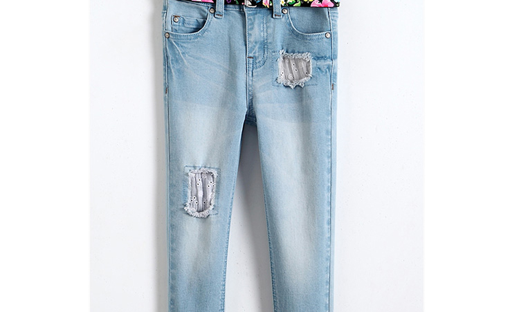 Light Blue Slim Fit Girls Adjustable Waist Jeans Pant With Lace On Hem