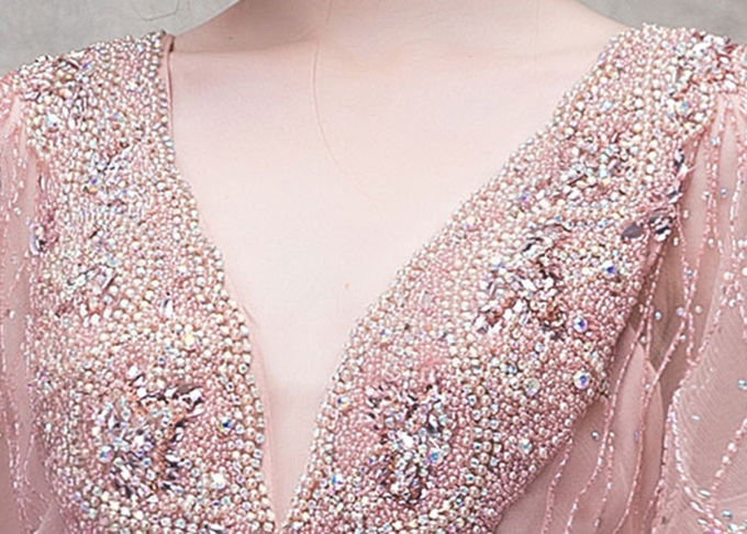 Pink V Neck Mermaid Prom Dress Lotus Leaf Sleeve Top Heavy Beading Backless