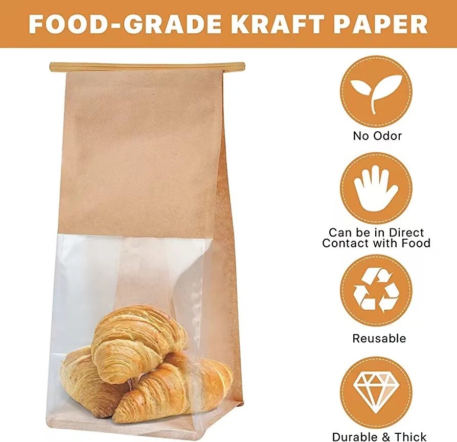 No Odor Thick Brown Bakery Bags with Window Paper Bread Bags Kraft Paper Bags with Window