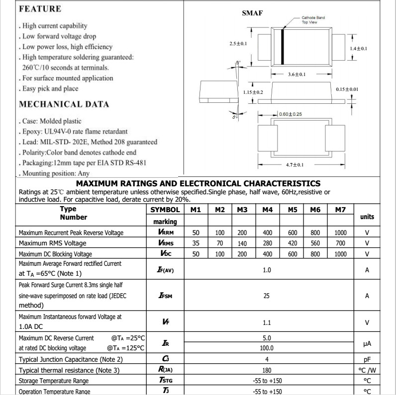 SMD General Purpose Rectifier Diode 1A 1000V M1 /M7 SMAF Package
