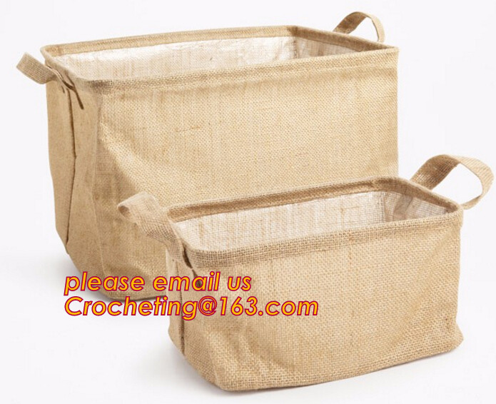 jute fabric storage basket with cotton rope handle,hot sale extra large baskets kids rope storage baskets with handles