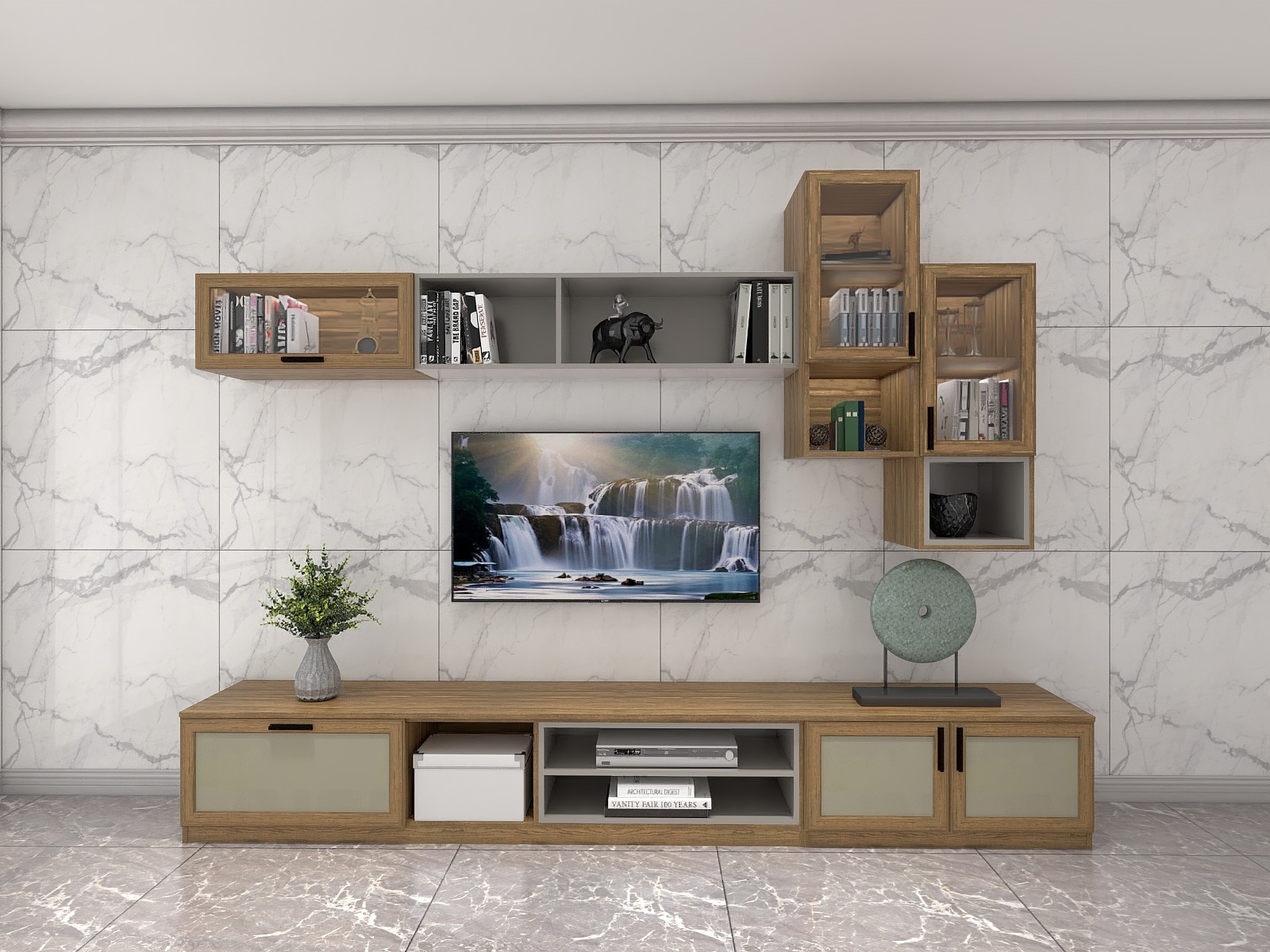 On Wall Cabinets Display Shelves By Melamine Board With Glass Racks And Floor Stand In Apartment Living Room Furniture