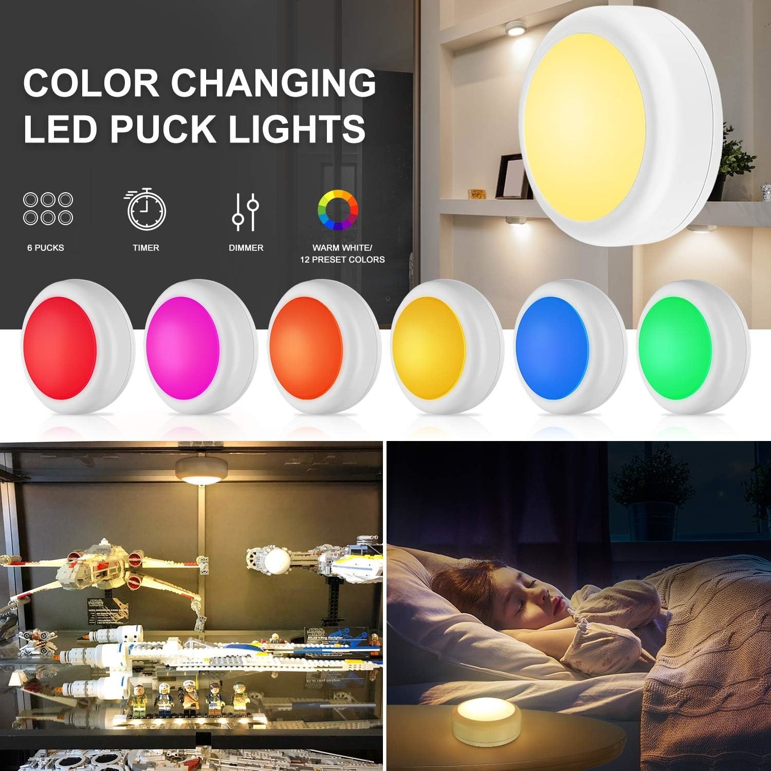 LED Puck Lights With Dimmable White Glow Timer Function Remote Control Battery Powered