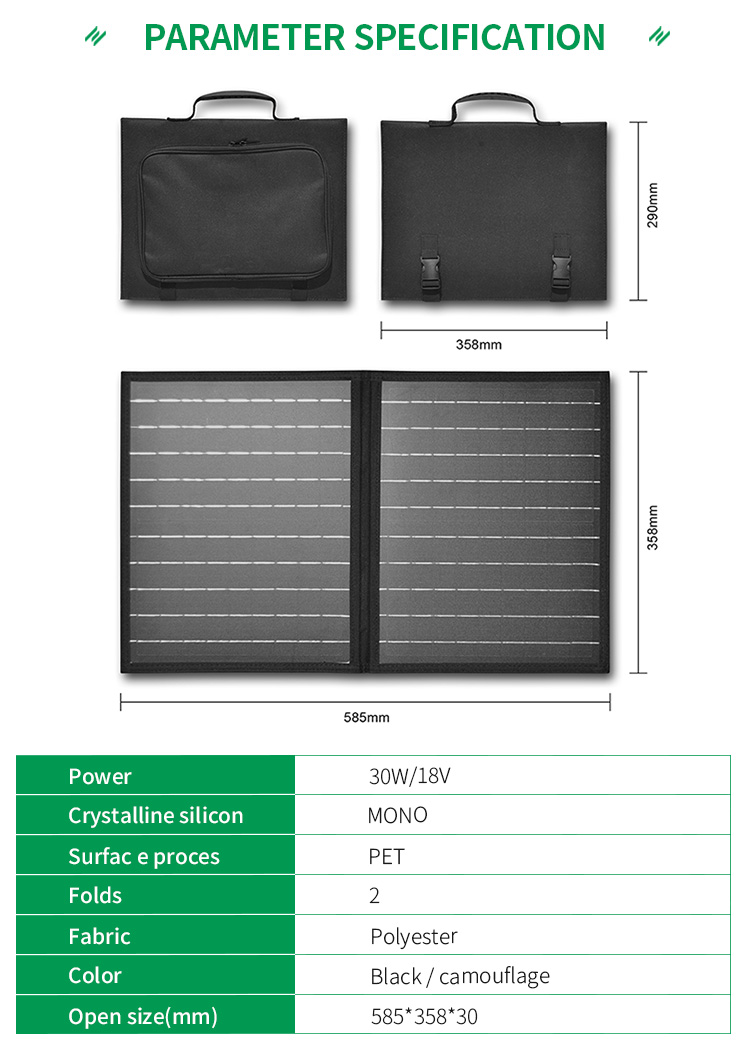 Waterproof Portable Foldable Solar Panels High Efficiency PET Monocrystalline Outdoor 30W 18V