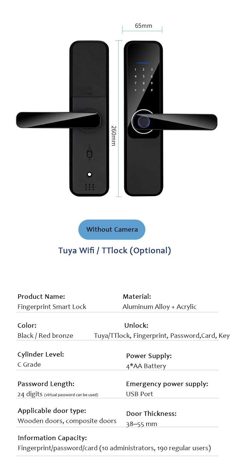 Biometric Password Smart Door Lock For 38mm-55mm Door Thickness