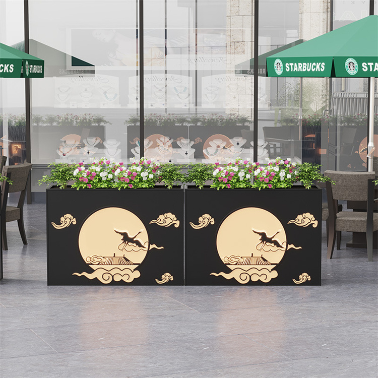 Large outdoor rectangular metal planter boxes with led light