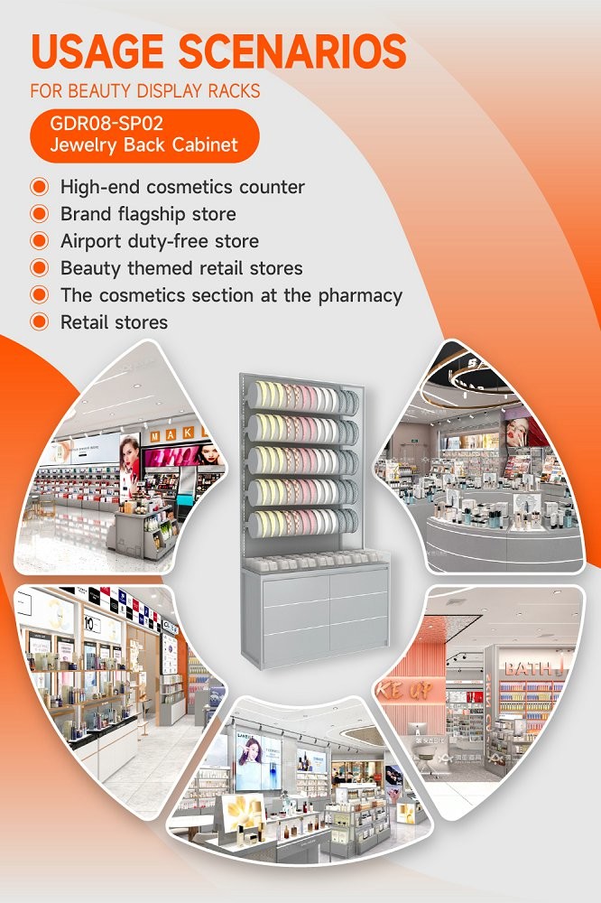 GDR08-SP02 Cosmetic Display Shelf with Gray Velvet Headband Cylinders and Efficient Storage for Cosmetics Retail Stores