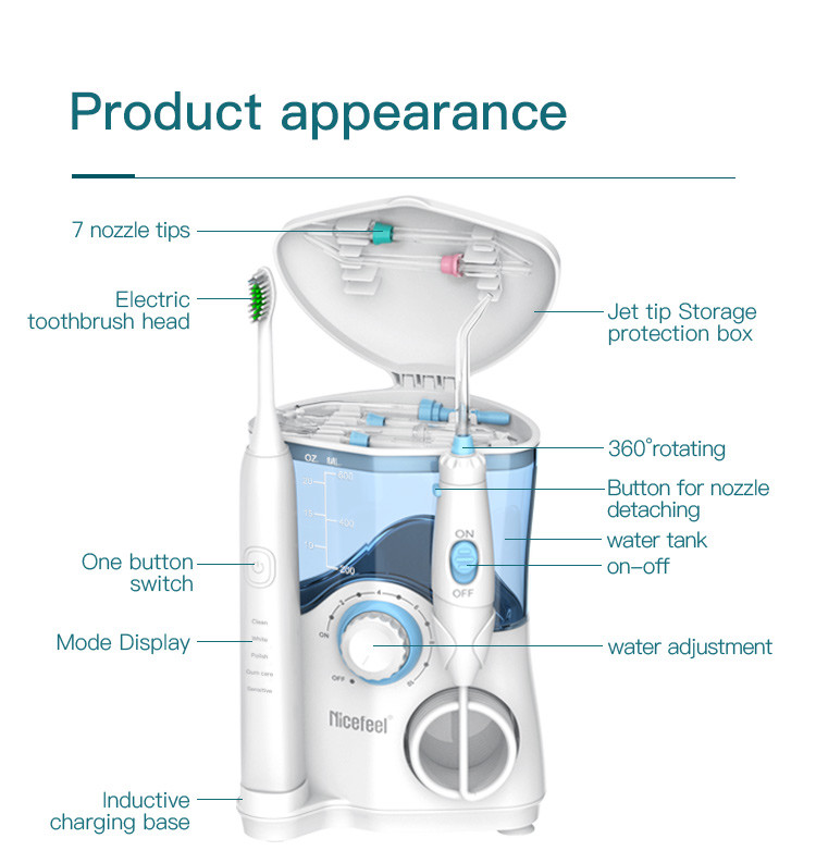 Combo Electric Toothbrush IPX4 Countertop Water Flosser Teeth Whitening 600ml