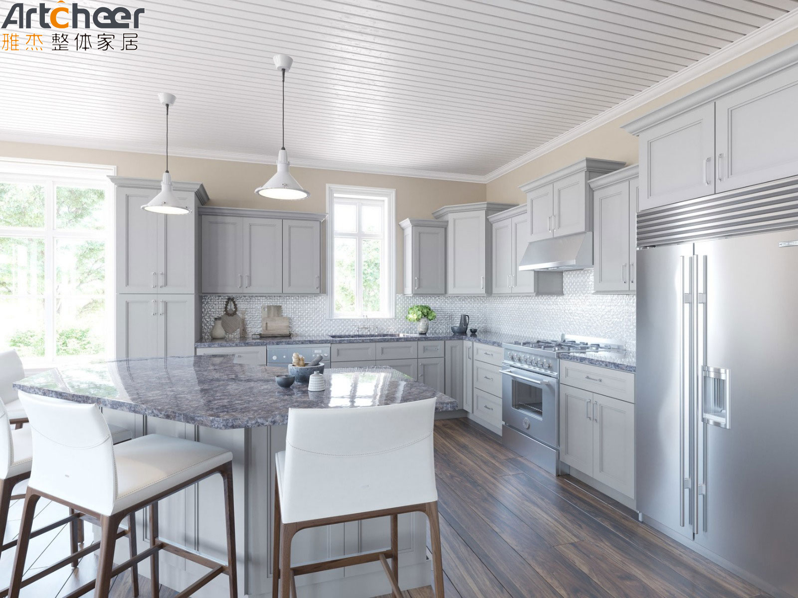 Modern White Shaker Kitchen Cabinets With Laminated Half Bullnose Countertop Edging