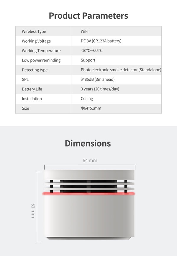CR123A Battery Smart Smoke Detector Wifi 70m Communication Distance