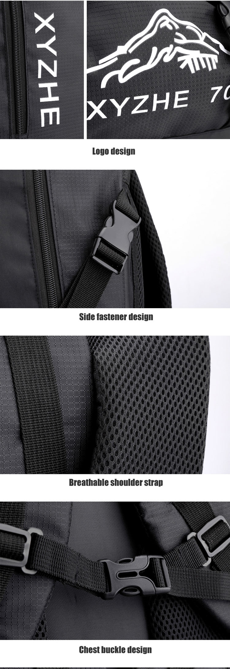 1.3 Inch 70L Camping Backpack Men Women Waterproof Backpack Bag Custom Logo