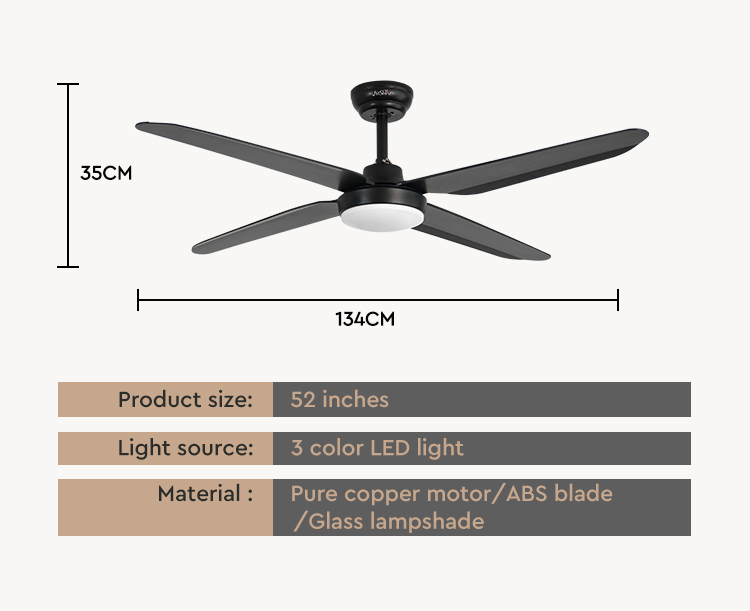ROHS Certified 52" Modern Black Plastic Ceiling Fan with Remote Control and 4 Blades