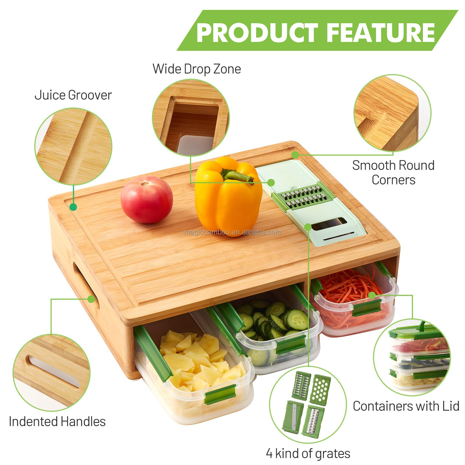 Hotel Bamboo Cutting Board With Containers And Locking Lid And Graters For Home and Bar