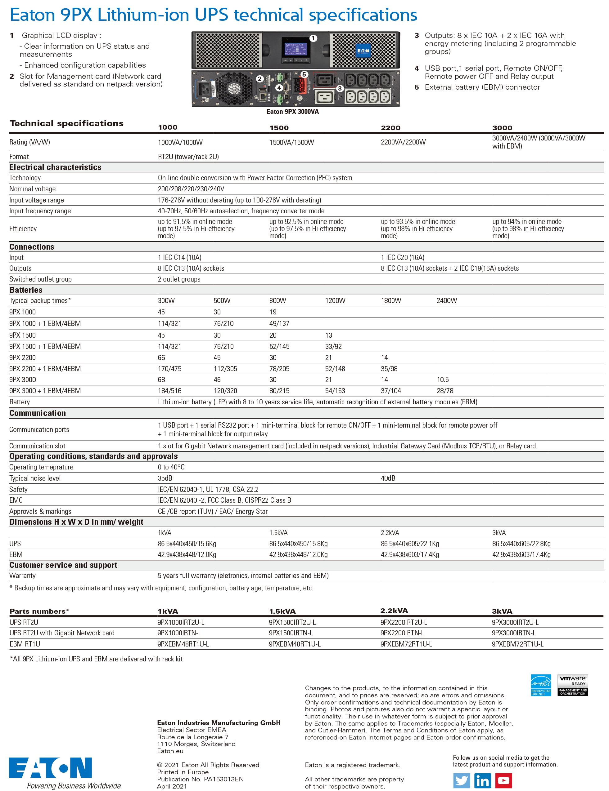 Eaton 9PX Lithium-ion aton ups dx20k cnxl3 online ups RT 2U UPS with built-in Lithium battery power supply system
