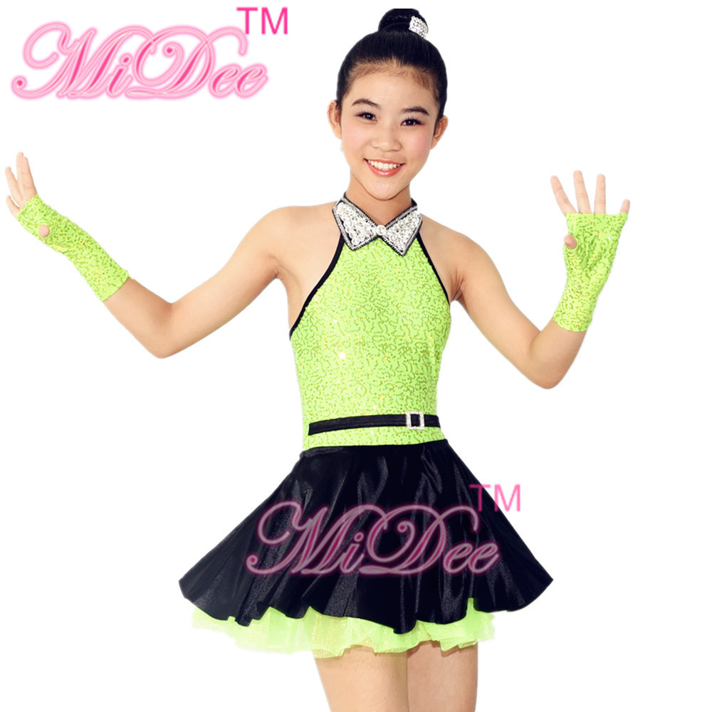 Fancy Girls Jazz Dance Dress Spandex Fabric Bodice With Rhinestones Chocker Collar