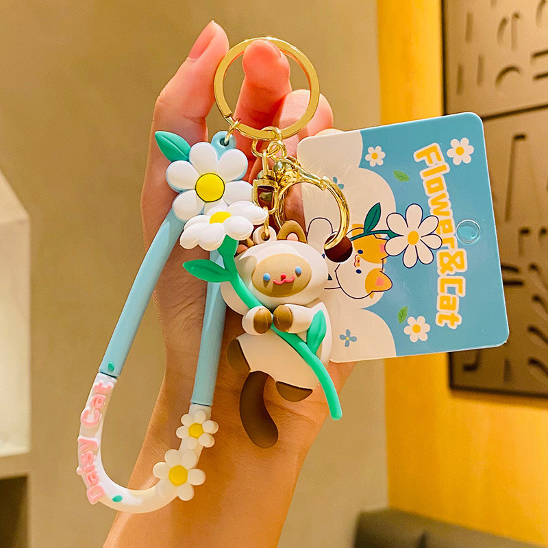 Customized Silicone Keychain Accessory Cat Flower Cute Cartoon Soft Silicone Keychain Charms