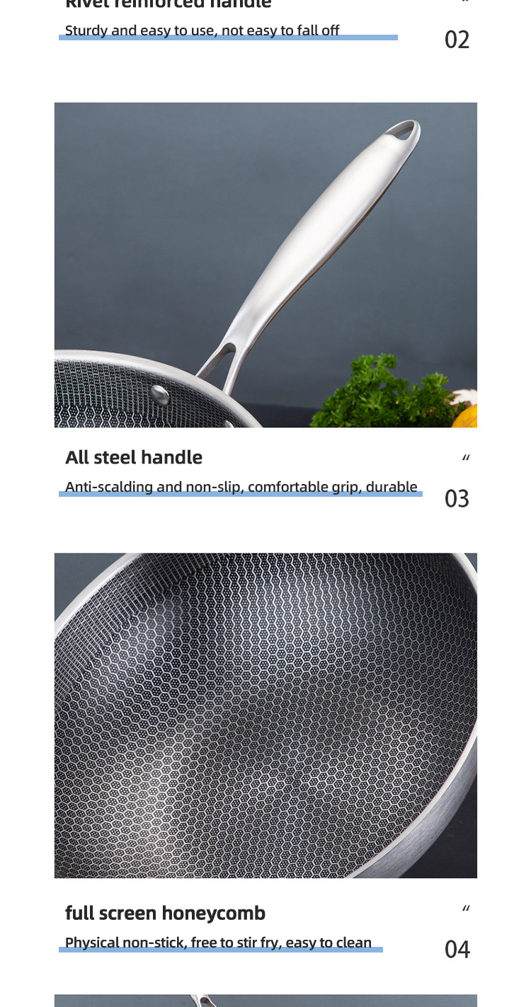 High Capacity Honeycomb Kitchen Frypan Non Stick Stainless Steel With Lid