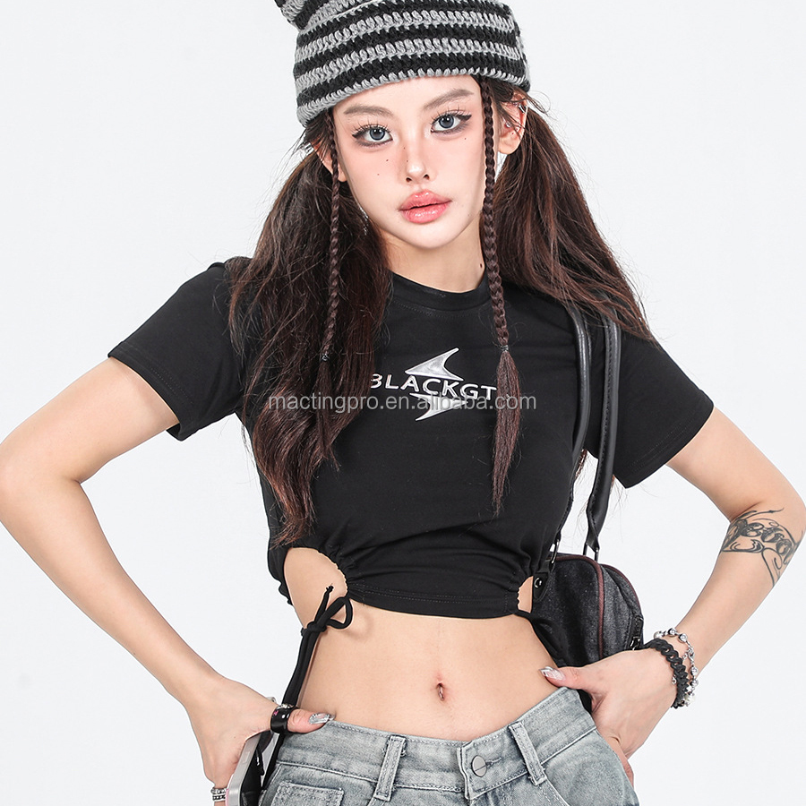 Y2k Side Drawstring Hallow Out Design Short Sleeve Crop Top Hot Sexy Fashion Slim Custom Baby Tee