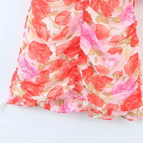 OEM maufactory Oil Painting Rose Printed Pleated V Neck Polyester Short Sleeve Dress