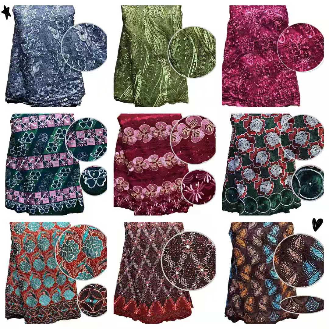 Polyester Cotton 145cm Coloured Embroidery Fabric Rhinestones Voile Lace Material