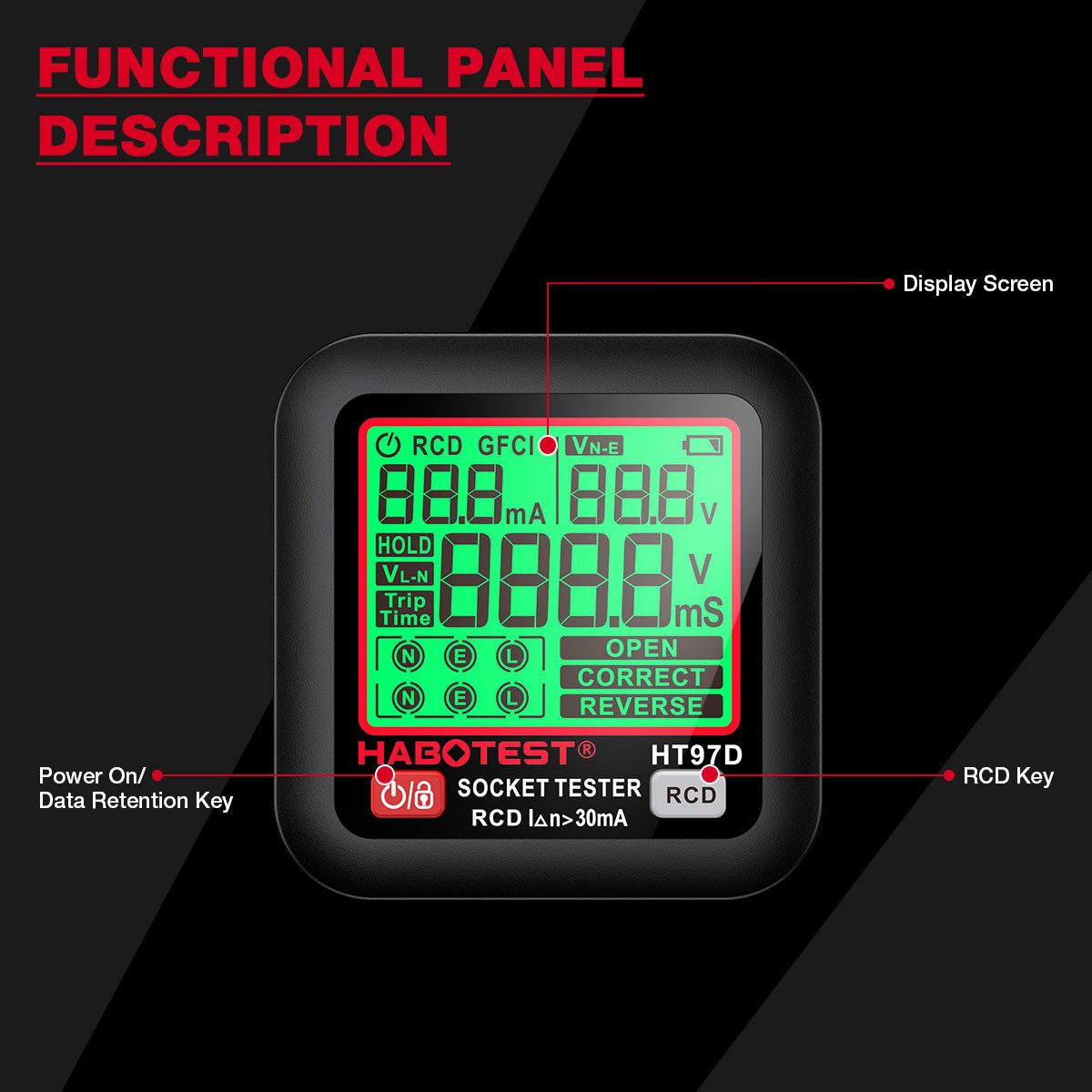 HT97 Digital Socket Tester Smart Voltage Detector RCD GFCI Voltage Test EU US UK Plug Large Display CE Certified
