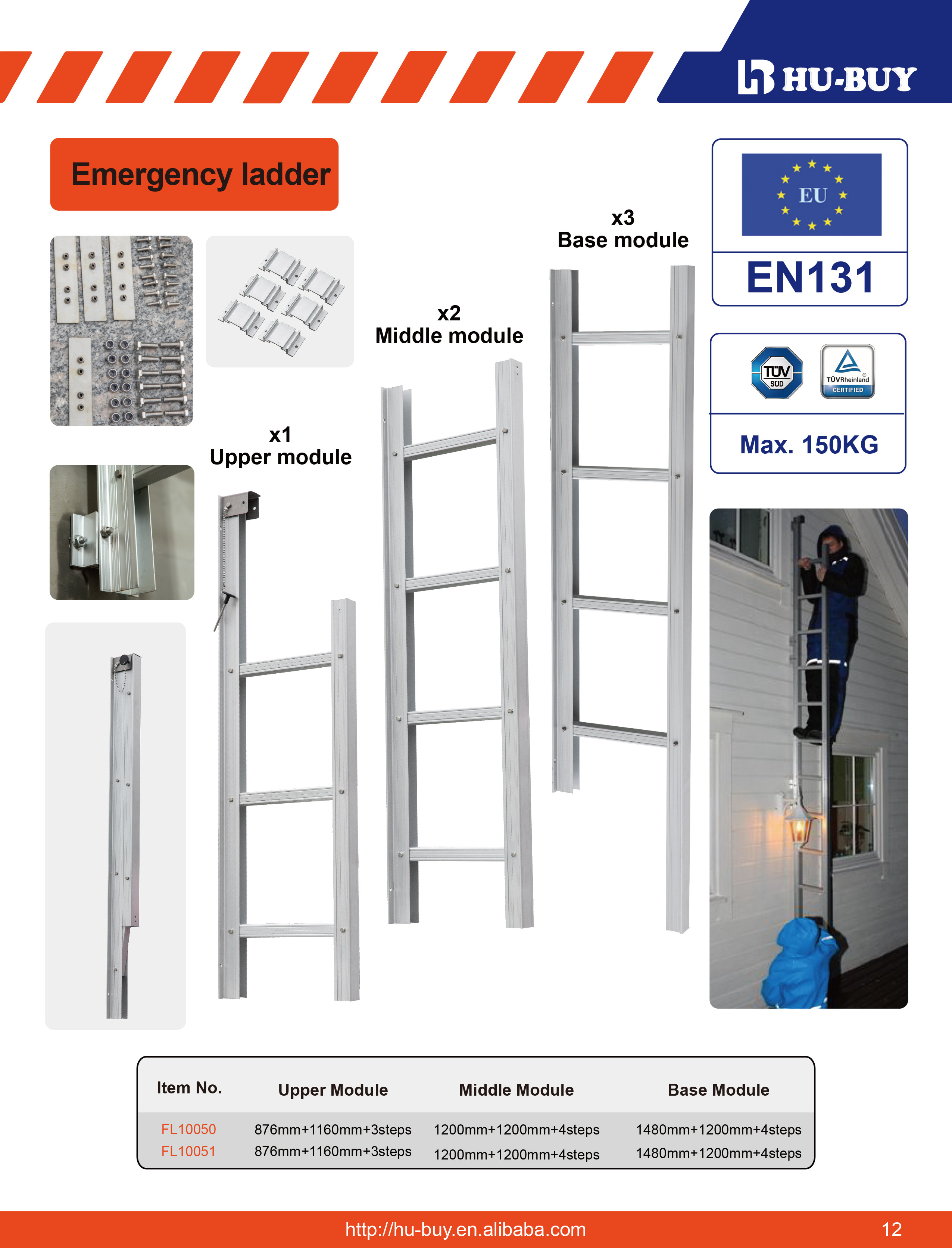 Anti Slip Aluminum Fire Escape Ladder Middle Module Fire Rescue Use
