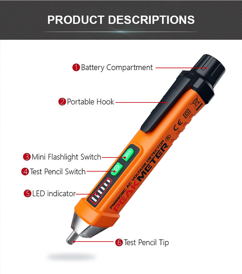 non contact ac voltage detector PM8908C, 12-1000V voltage detector pen, pocket voltage tester pen PM8908C