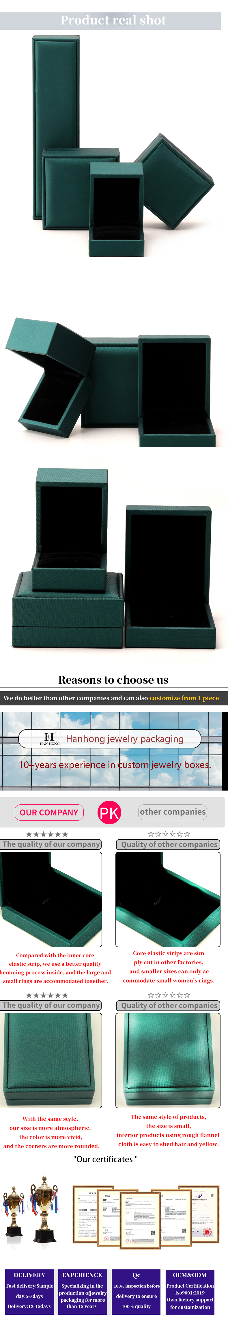 Custom Luxury Velvet Jewelry Packaging Box Green PU Leather Necklace and Ring Hanhong