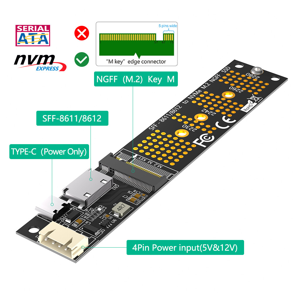Oculink SFF-8611/SFF-8612 + SATA 15PIN Connector to M.2 NGFF Key-M 2230 2242 2260 2280 M2 NVME SSD Converter Adapter Card