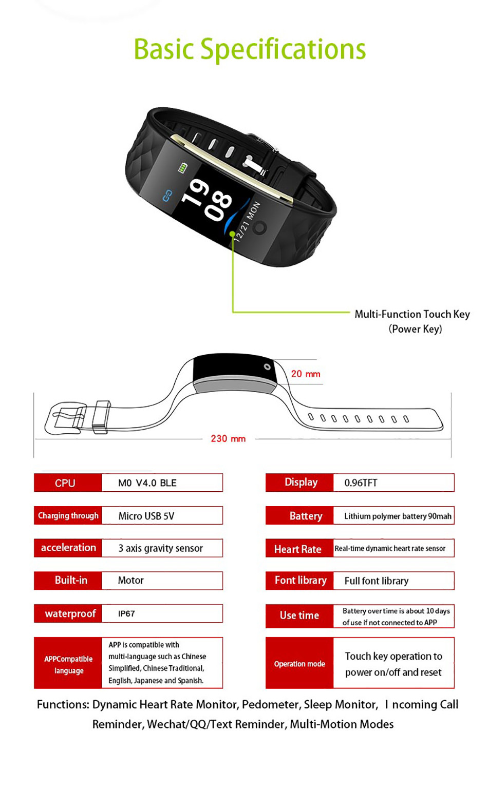 IP67 Smart Heart Rate Bracelet CE Rohs Smart Sport Wristband For Adult