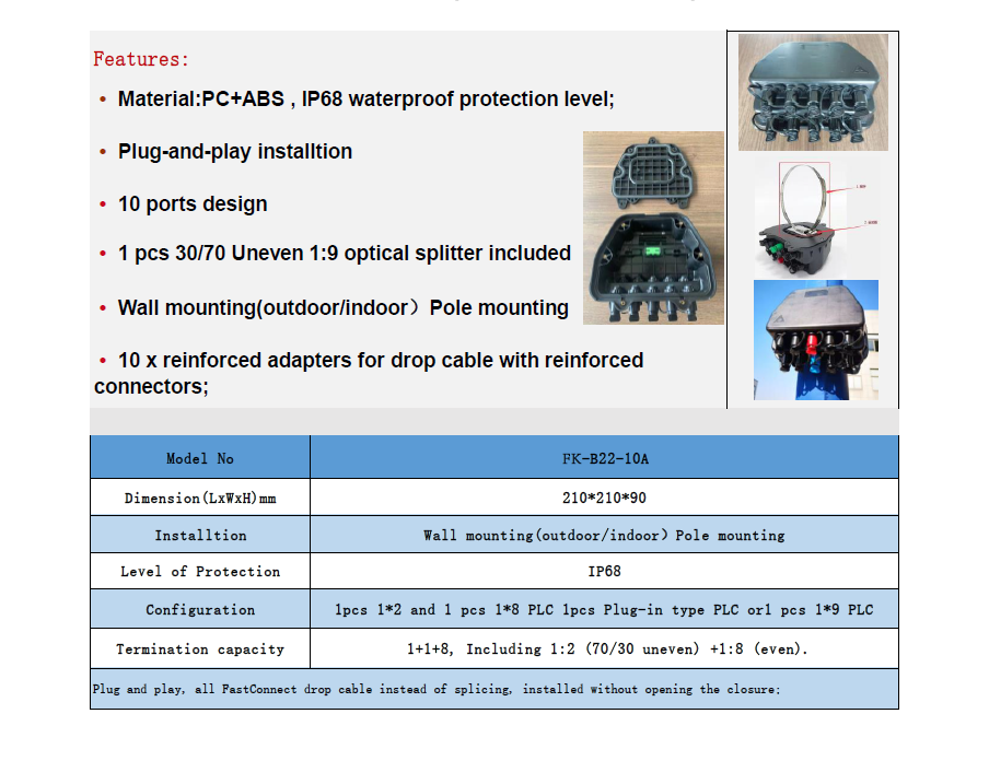Outdoor 10 Ports IP67 FTTH Fiber Optical Distribution Box Pre-Connector 8 Cores