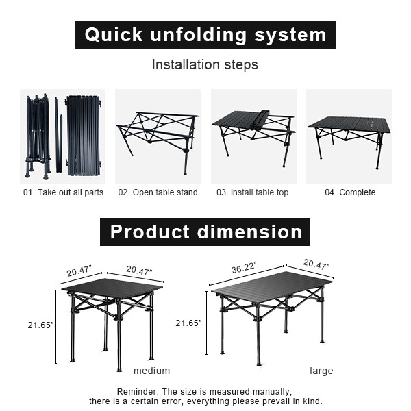 Outdoor Carbon Steel Small Aluminium Table Camping Black Compact Roll Up Aluminium Camping Table