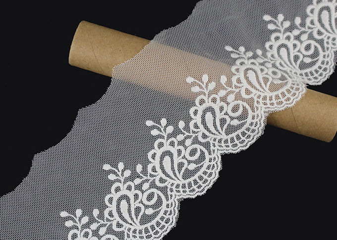 Nylon Mesh Cotton Embroidery Lace Trim With Floral Design Scalloped Edge No Azo