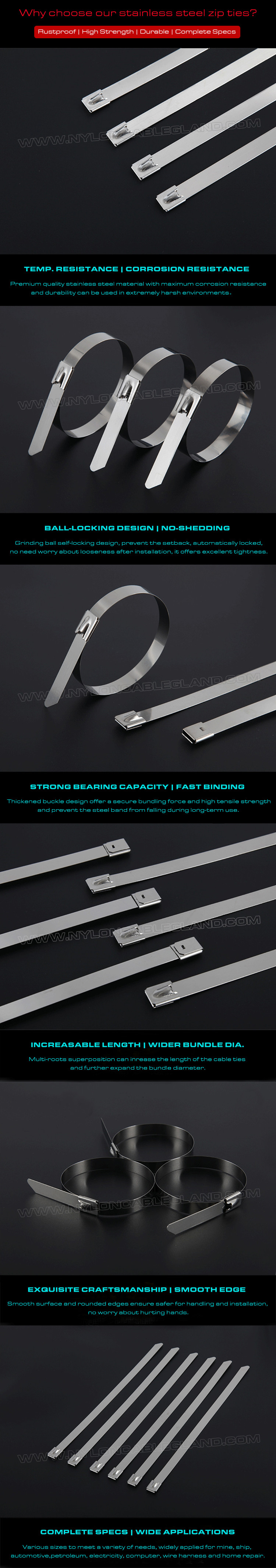 SS316L, SS316, SS304 Uncoated Stainless Steel Ball-lock Cable Ties, Self-locking Metal Zip Ties for Harsh Envinroment