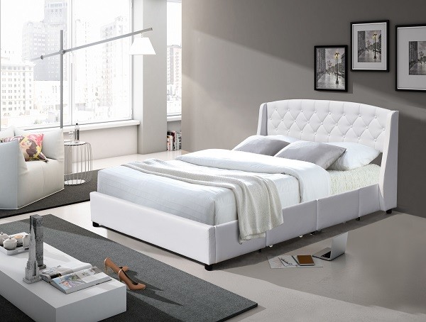 Two LED Ears Faux Leather Queen Size Upholstered Bed 4 Mental Drawers Tufted Buttons