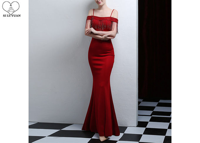 Sling Sexy Burgundy Mermaid Style Prom Dress Off Shoulder Short Sleeve Tassels