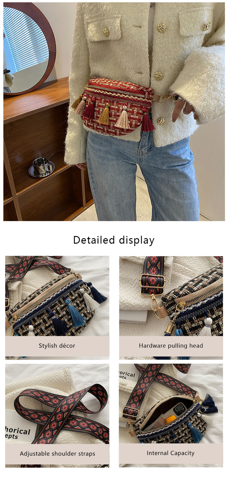 Tassel Decor Adjustable Strap Waist Bags Plaid Pattern Waterproof Cycling Bum Bag OEM