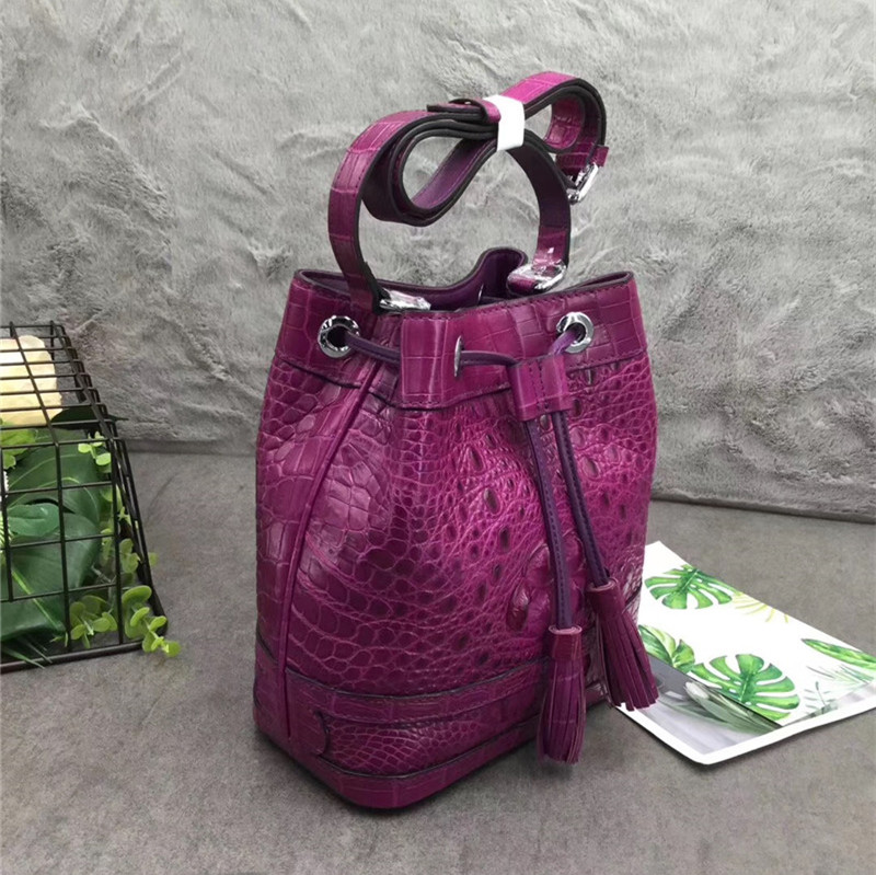 Authentic Crocodile Skin Drawstring Closure Women's Bucket Purse Exotic Alligator Leather Lady Small Tassel Shoulder Bag