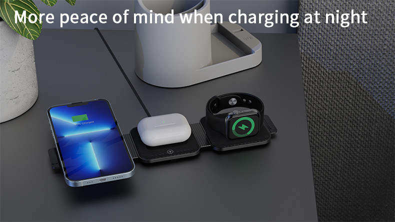 Portable Three-In-One Magnetic Wireless Charger for Fast Phone Charging in Black/White