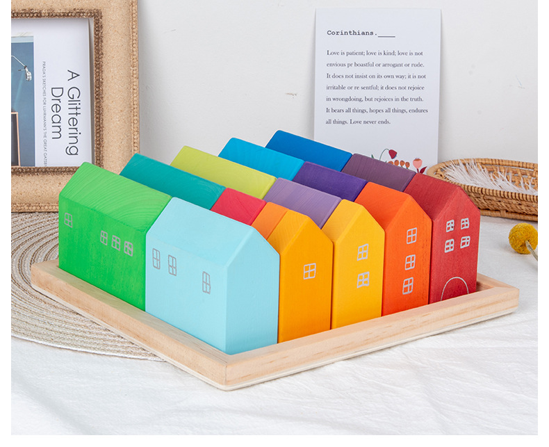 22.5cm House Wooden Rainbow Stacker Wooden Story Rainbow Stacking Toy