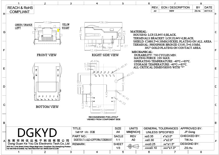 DGKYD1711Q242FF5WA7CBDB057 Tab Up 1000 Base-T 30U 8P12C Ethernet Modules Integrated Magnetic RJ45 Connector Network Inte