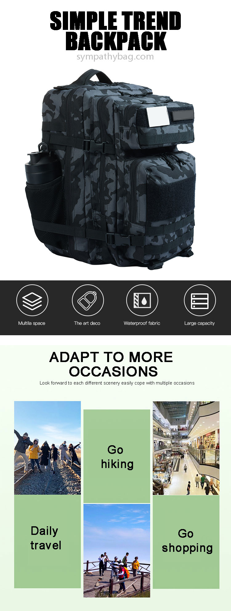 Waterproof polyester 45l large backpack gym backpack bag